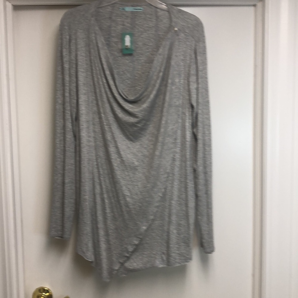 Maurices, super soft gray cardigan with cross buttons and handkerchief hem